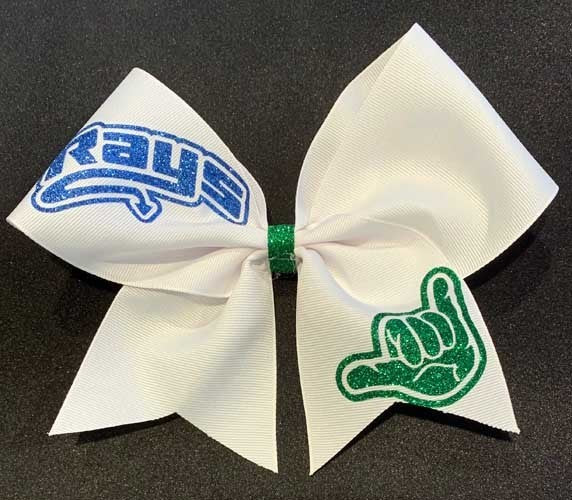 Big White Bow with Blue Rays/Green Hand